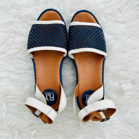 Fly London Navy Blue Perforated Mesh Leather Low Platform Sandal - Picture 6 of 16